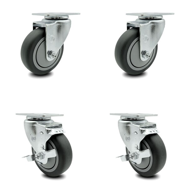4 Inch Thermoplastic Rubber Wheel Swivel Top Plate Caster Set with 2 Brakes SCC